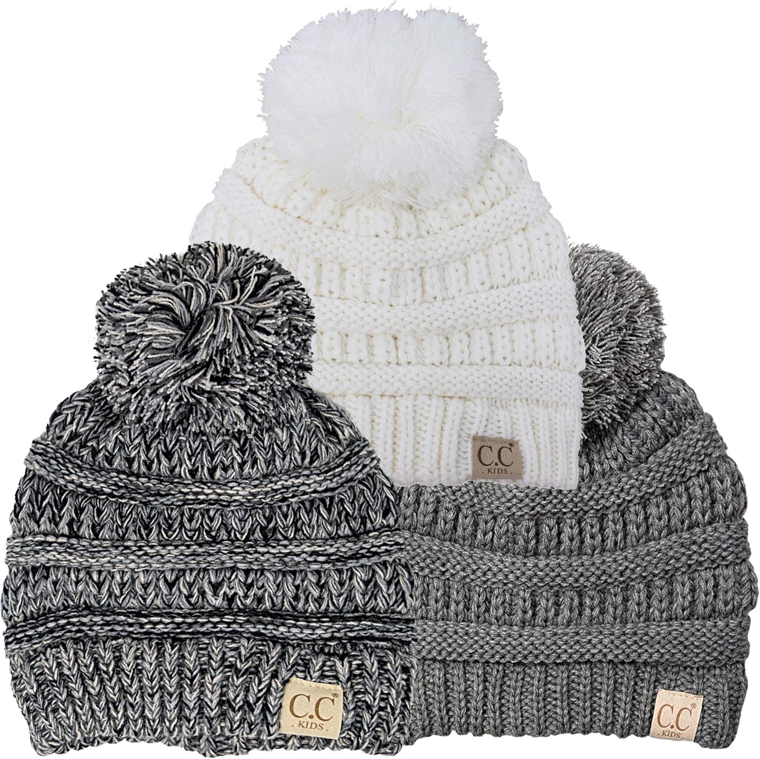 Kids Pom Beanie Bundle - 1 Black, 1 Kaleidoscope (2 Pack): Clothing