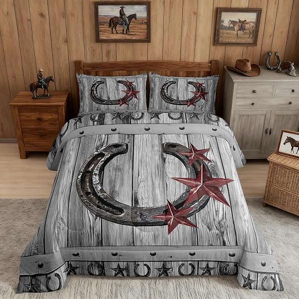 CASTLE FAIRY GREY RUSTIC BARN BEDDING SET FULL SIZE WESTERN COWBOY HORSESHOE COMFORTER SET FOR KIDS BOYS ADULTS TEENS ROOM DECOR VINTAGE FARMHOUSE WOODEN QUILT SET STAR HORSESHOE DUVET INSERT 3PCS
