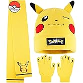 Pokemon 3 Pcs Kids Beanie, Scarf, and Gloves Set, Ages 8‑10, Soft, Warm, Cozy Knit Pikachu Winter Gear, Anime Gifts for Boys