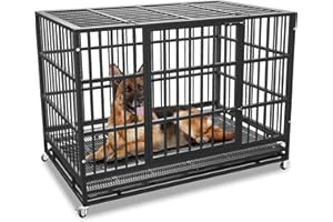 PuppyVacay 54/48/42/38 Inch Heavy Duty Dog Crate Cage with Wheels, Indestructible and Escape Proof Steel Kennel Indoor for High Anxiety Dogs with Sturdy Locks, Double Door and Tray, Extra Large XL XXL