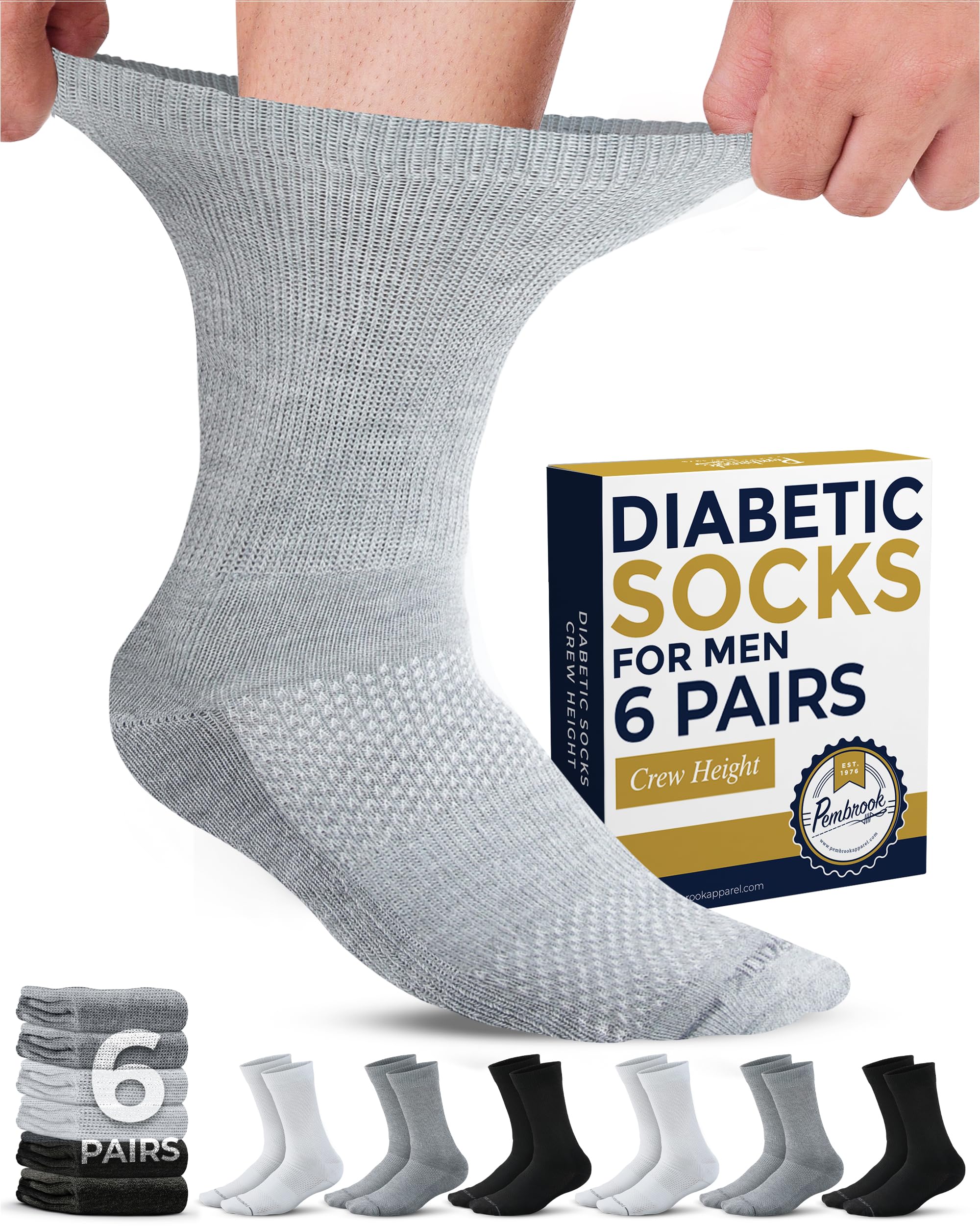 Photo 1 of Pembrook Diabetic Socks for Men - 6 Pairs Crew Diabetic Socks for Men Size 13-15, for Swollen Ankles and Feet, Black, White, Gray