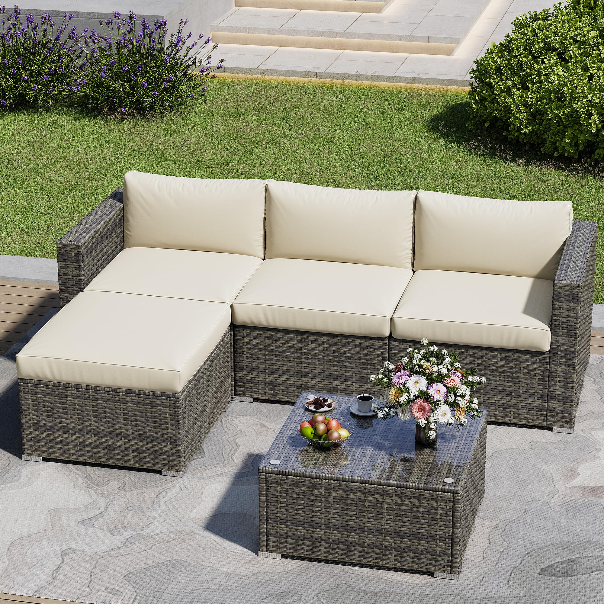 Photo 1 of (truck/trailer pick up only)
May in Color 5 Piece Outdoor Patio Sectional Furniture Set, Weather Resistant Rattan Outside Couch, Waterproof Conversation Sofa for Balcony, Porch, Backyard, Deck, Garden,Beige