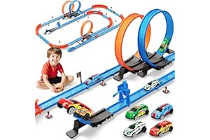 RCOVASC ‌Slot Car Race Track Sets with 360° Thrill Loops & 4 High-Speed Cars, 64 Pcs Large Flexible Racing Track for Kids Ages 3-5 4-8 8-12, Race Car Toys Gift for Boys Girls Birthday Christmas