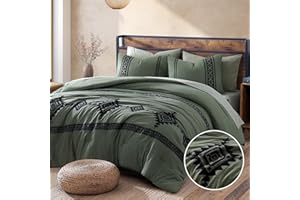 MAIRÊVE MAIREVE Olive Green Embroidery Comforters Set Queen Size - 7 Pieces, Farmhouse Western Bedding All Season Bed in A Bag Queen, Boho Comforter Set with Sheets, Pillowcases & Shams