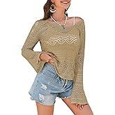 Womens Crochet Off The Shoulder Tops Bell Sleeve Summer Sweaters Boho Top Lightweight Knit Beach Cover Up
