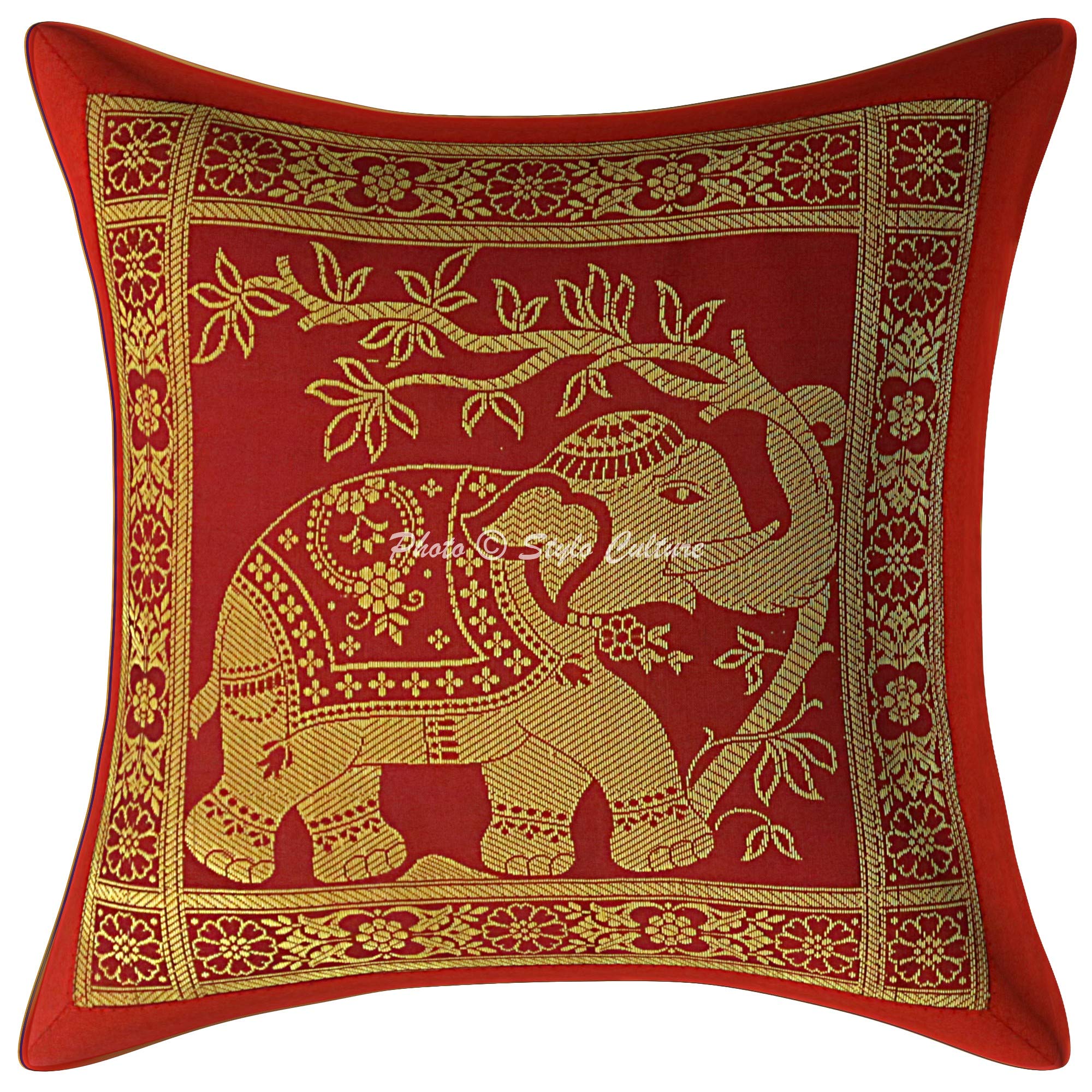 Stylo Culture Ethnic Brocade Couch Lounge Scatter Cushion Covers 30cm x 30cm Burgundy Maroon Gold Elephant 12 x 12 Inch Jacquard Square Decorative Floral Throw Pillow Cover - (1 Pc)