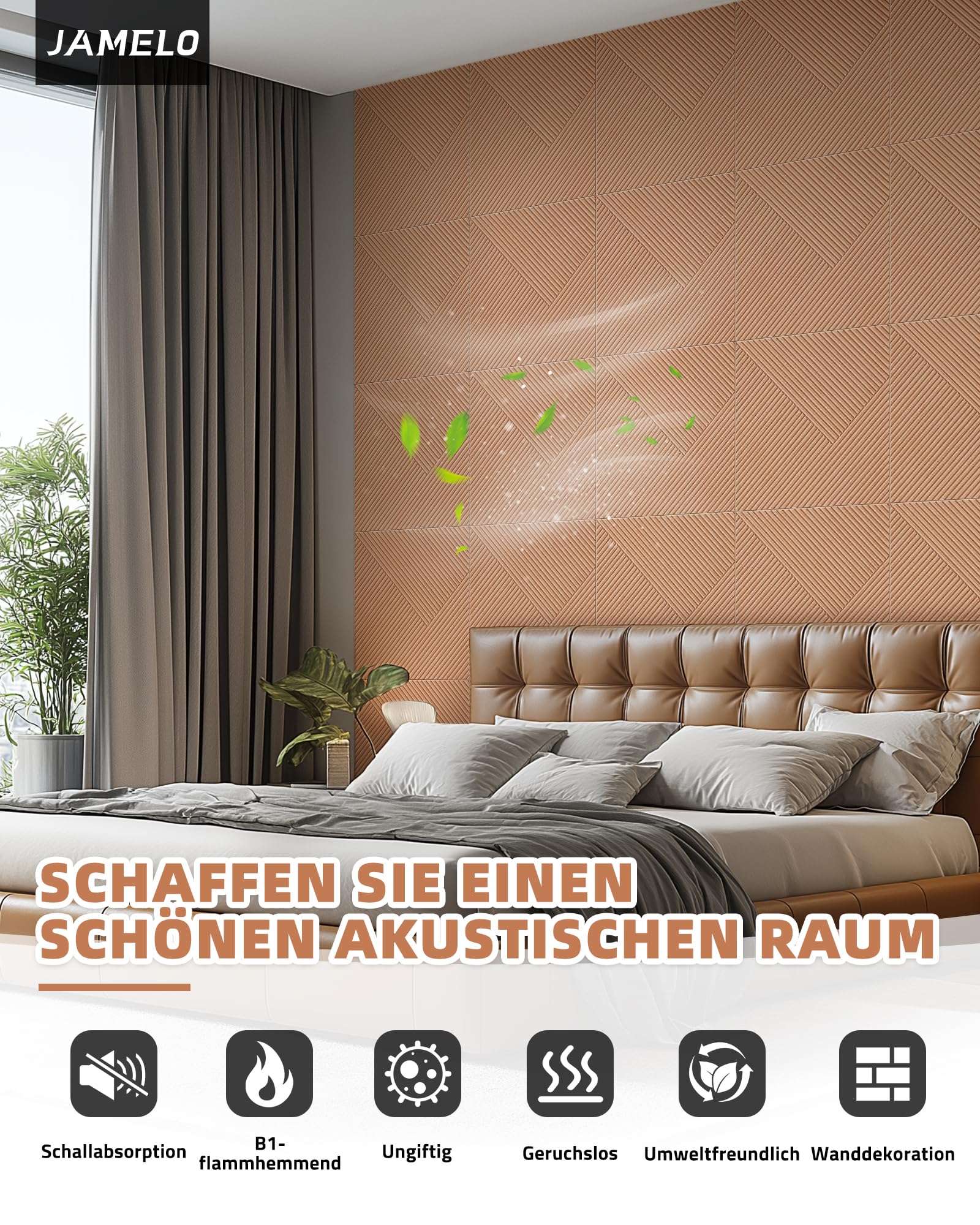 JAMELO Große Akustikpaneele, 6er-Pack 60cm x 60cm Schallschutzplatten mit Holzmusterdruck, selbstklebende dekorative Schallabsorber Schallschutz 3D Wandpaneele auf Filz für Studio und Zuhause 6