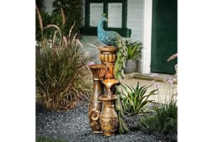 LUXENHÖME LuxenHome Outdoor Water Fountain, 44 Inch Resin Peacock Water Fountain Outdoor with Urns and LED Light, Tall Fountains Outdoor for Garden, Waterfall for Patio, Brown/Teal