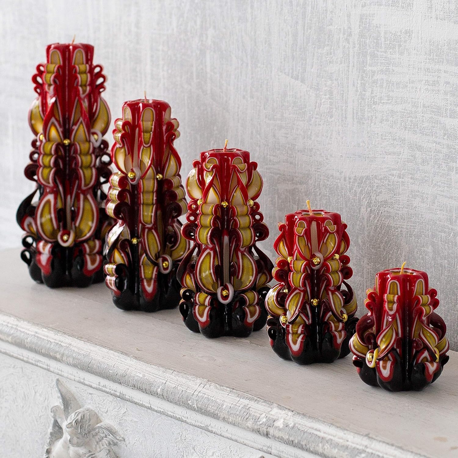 Chritmas candles bright in russian style Khokhloma hand carved