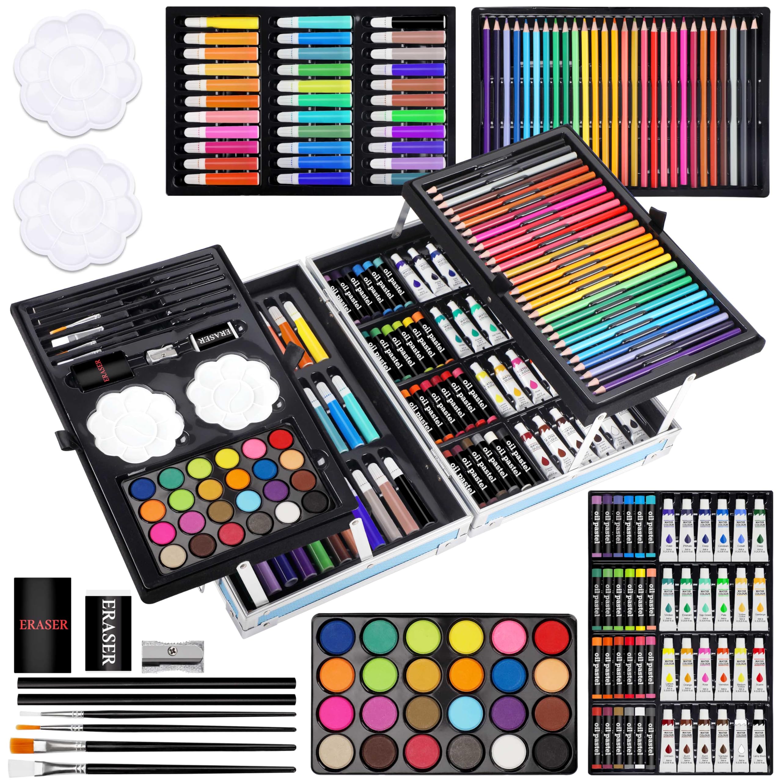 Halobios Professional Art Set, 144 Deluxe Aluminium Case Painting Set with Watercolour Pens Drawing Pencils Paints Oil Pastels, Premium Colouring Drawing Art Supplies Case Gift for Artists Adult