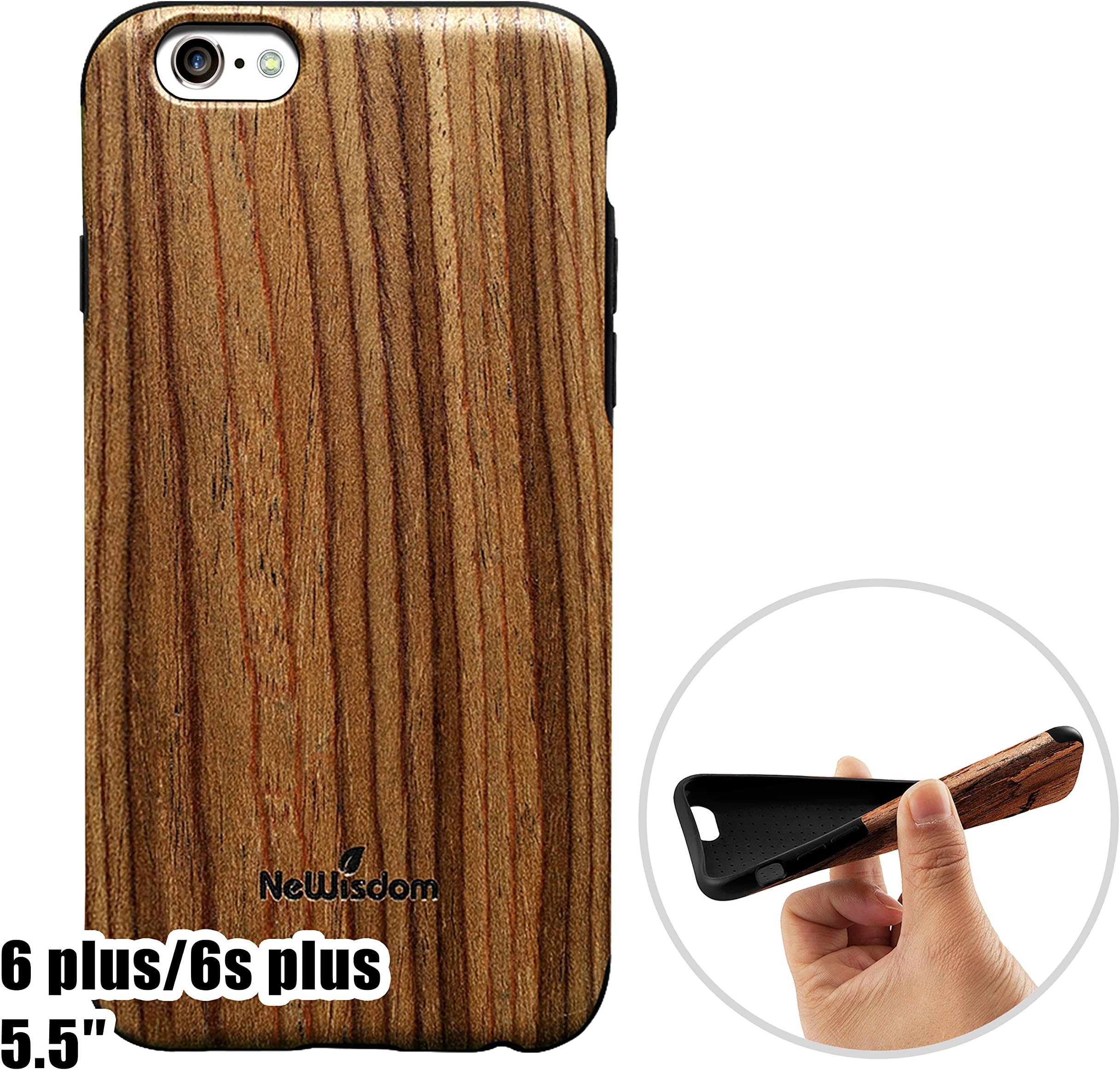 NeWisdom iPhone 6 Plus/iPhone 6s Plus case, Unique Slim Hybrid Rubberized [Wood Over Rubber] Soft Real Wood Case for Apple iPhone 6plus /6splus - Teakwood