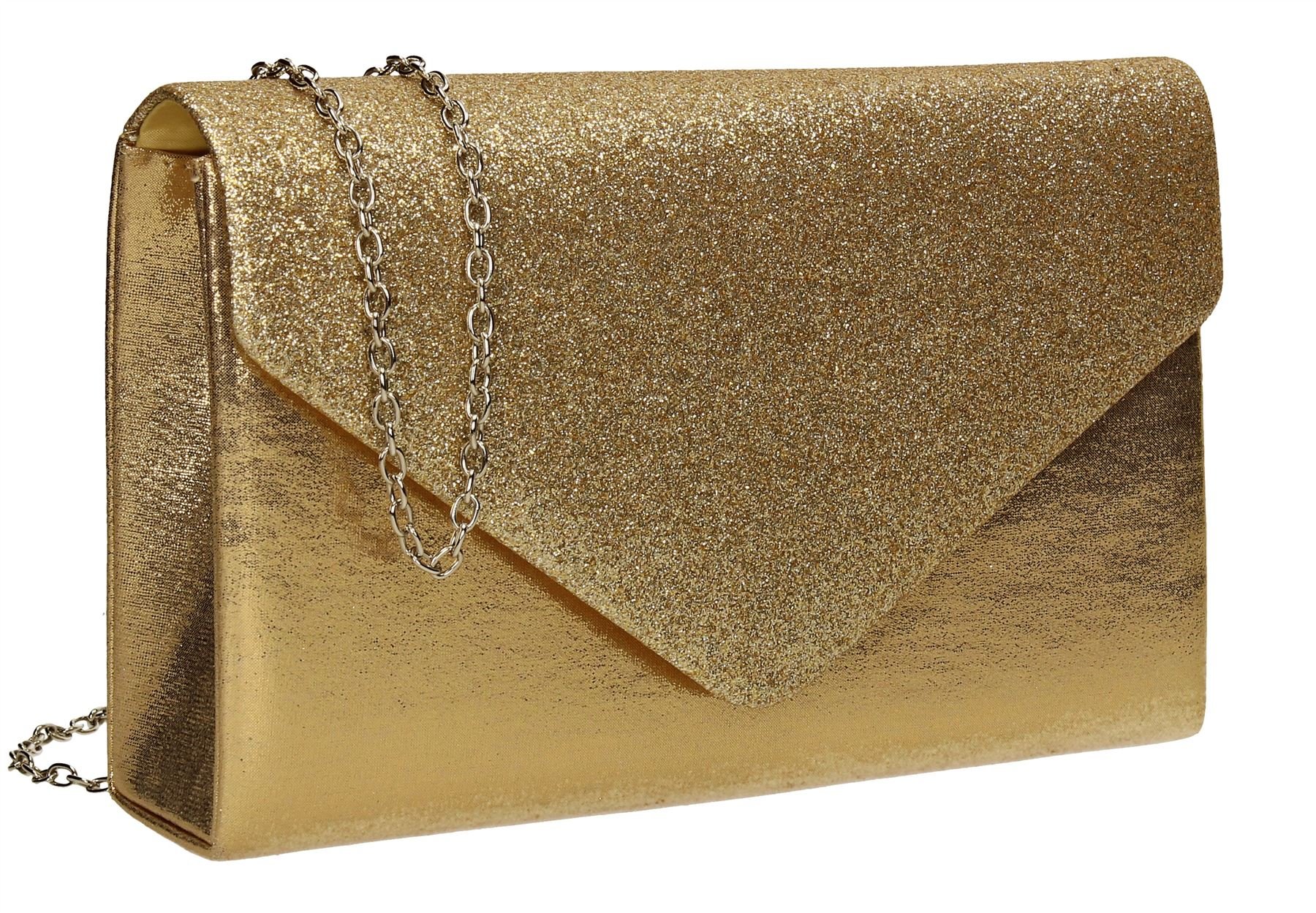 Swanky Swans Women's Kelly Glitter Envelope Clutch Bag Party Prom Bag Clutch Gold (Gold) ,5x12.5x22 cm (W x H x L)