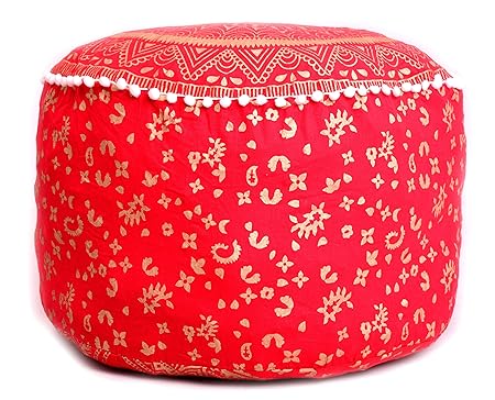 Red Gold Ombre Mandala Printed Footstools Cover Cotton Ottoman Pouf Cover - 24 X 14 Inch by Handicraft-Palace