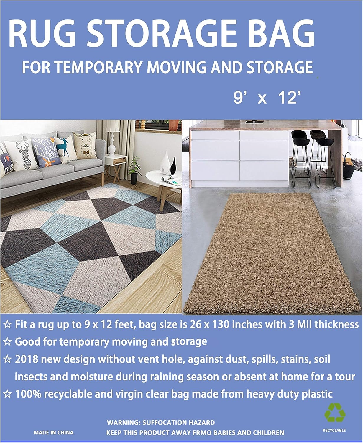 Amazon Com Huo Zao 9 X 12 Bolsa De Alfombra Para Mudanza Y Almacenamiento Temporal Cierre De Corbata Con Cremallera Home Kitchen