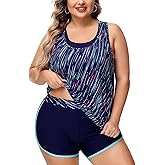 NIeyook Plus Size Tankini 3 Piece Bathing Suit for Curvy Women Tummy Control Swimsuit with Boy Shorts Tank Top with Sports Bra Blue Meteor Shower 20 Plus