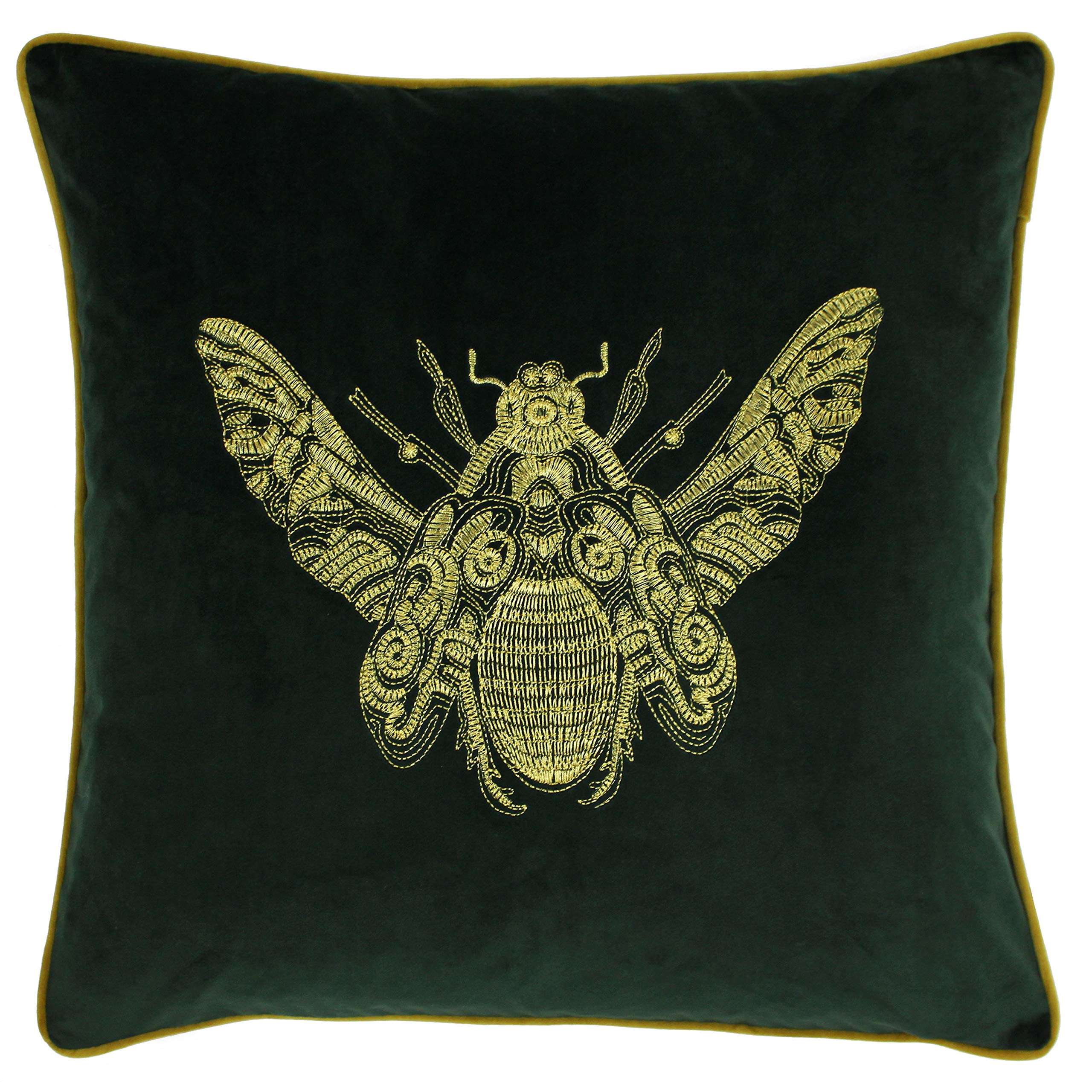 Riva Paoletti Cerana Cushion Cover - Emerald Green - Super Soft Velvet Fabric - Embroidered Gold Bee Design - Gold Piped Edges - 100% Polyester - 50 x 50cm (20" x 20" inches)