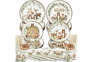 KINOVO 300Pcs Woodland Baby Shower Party Supplies - Serves 50 Guests, Safari Jungle Animal Party Decorations Include Plates and Napkins, Cups, Straws, Forks