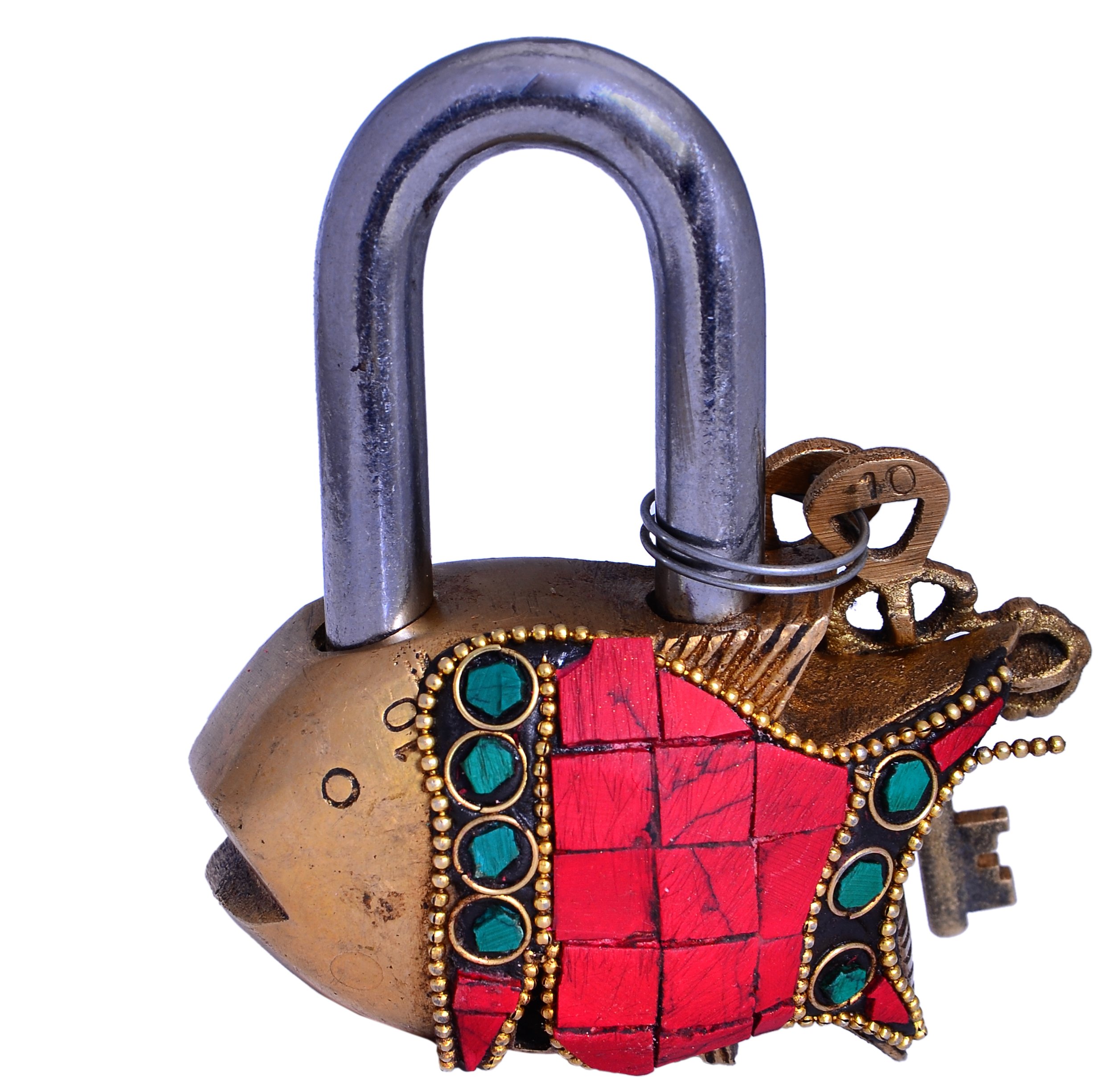 Purpledip Fish Shaped Brass Lock Padlock: Handmade Antique Design with Colorful Gemstone Work; Unique Collectible Combination of Style & Security (10663)