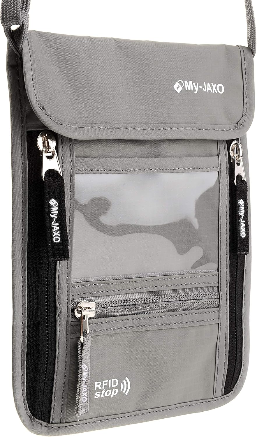  | My-JAXO Premium Family Travel Neck Pouch Wallet Safety Passport Holder Keep Cash And Documents Safe for Men and Women Peace Of Mind on your Travel with RFID Blocking Black, Grey, Red | Travel Wallets