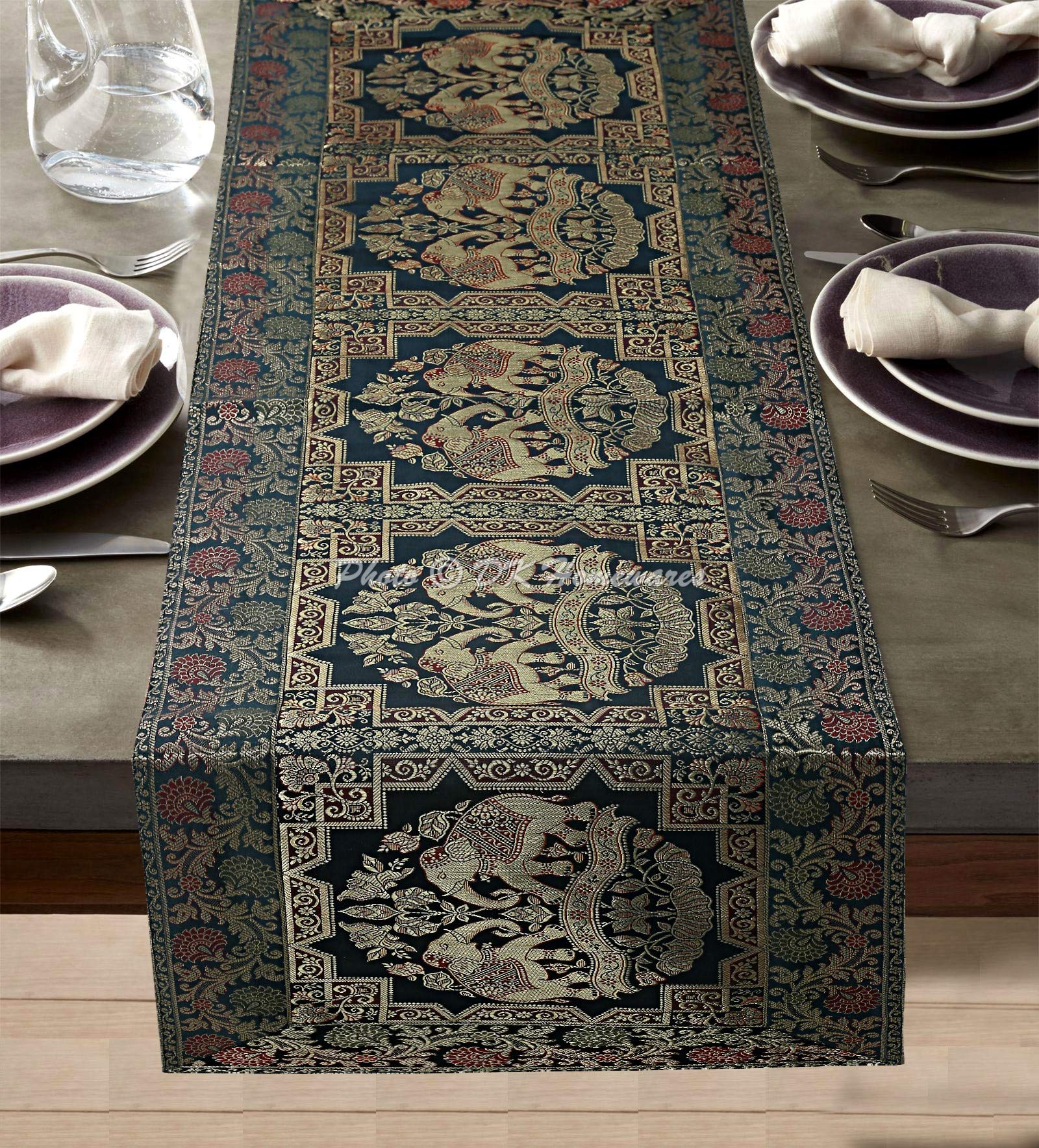 DK Homewares Indian Decorative Brocade Table Runner 150 cm Long Bohemian For Dining Table 6 Seater Green And Gold Jacquard Elephant Floral Rectangle 5 Ft Table Cloth (40x150 cm)