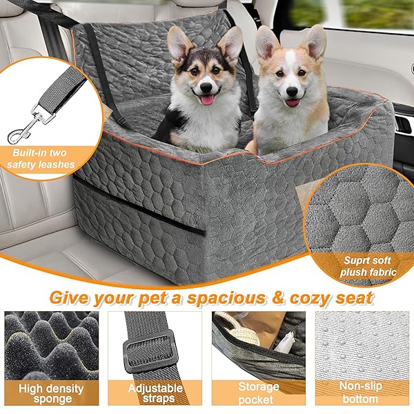 DOG CAR SEAT FOR MEDIUM/LARGE DOG BOOSTER SEAT UNDER 60 LBS OR 2 SMALL DOGS, MULTI-FUNCTIONAL PET CAR SEAT WITH THICK CUSHION, 2 SAFETY LEASHES (GRAY)