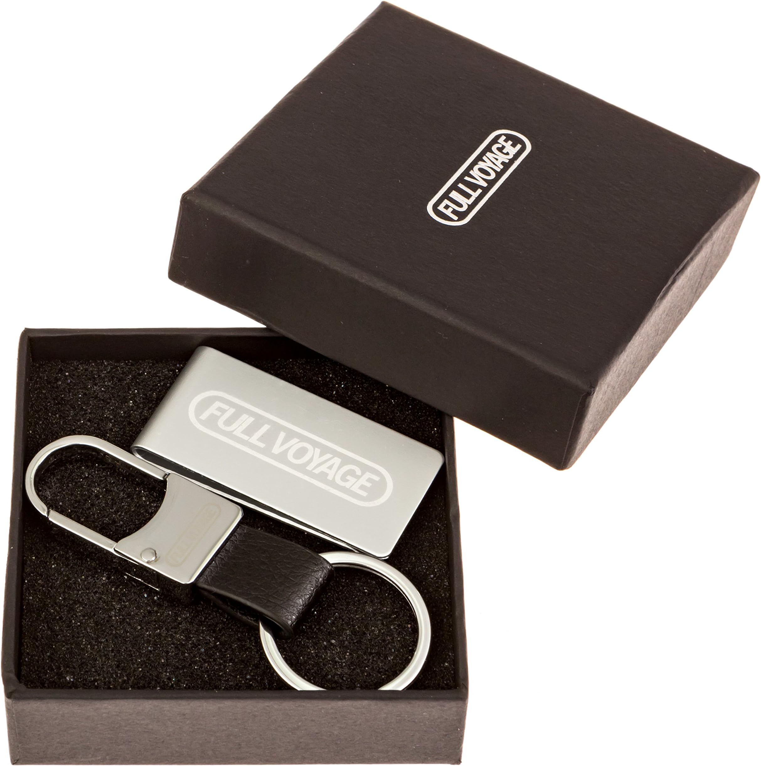 Money Clip & Leather Key Ring Keychain Set in a Stylish Gift Box - Slim Light Aluminum Front Pocket Accessories for Men and Women - Cash Credit Business Card and Key Holder
