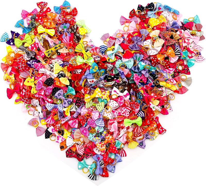 BIPY 100Pcs Small Dog Hair Bows Elastic Ribbon Random Colors