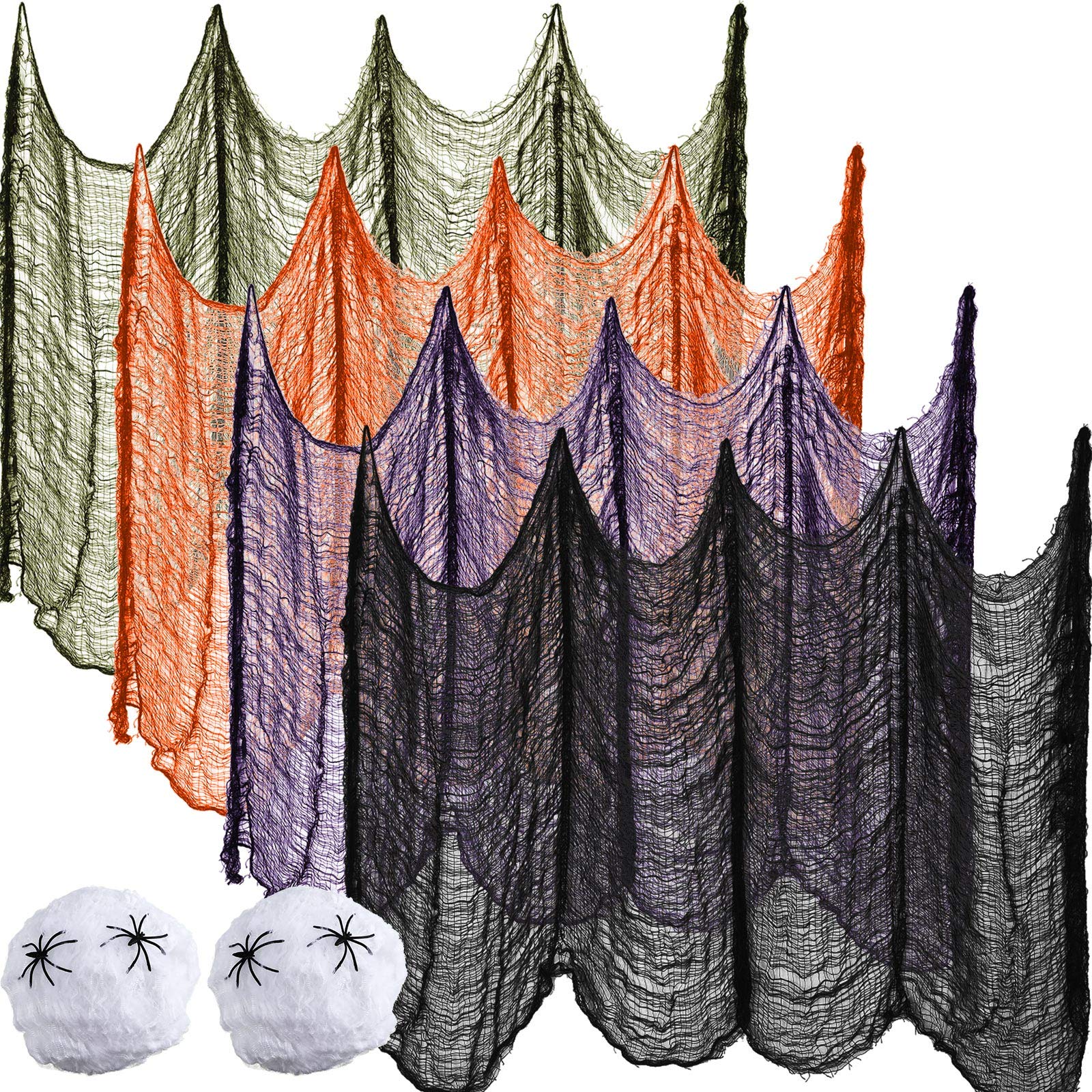 Tatuo 4 Pieces Halloween Creepy Cloth 31 x 87 Inch and 2 Pieces Stretch Spider Web Spooky Halloween Hanging Decoration for Halloween Party Supply Outdoor Yard Home (Green,Orange,Purple,Black)