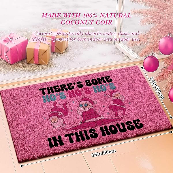 LANPN CHRISTMAS WELCOME NATURAL COIR DOOR MAT, SANTA LARGE COCO FRONT DOOR OUTDOOR DOORMAT OUTSIDE ENTRANCE PORCH NON SLIP RUBBER RUG WINTER XMAS FARMHOUSE DECOR (PINK, 36X24 INCH)