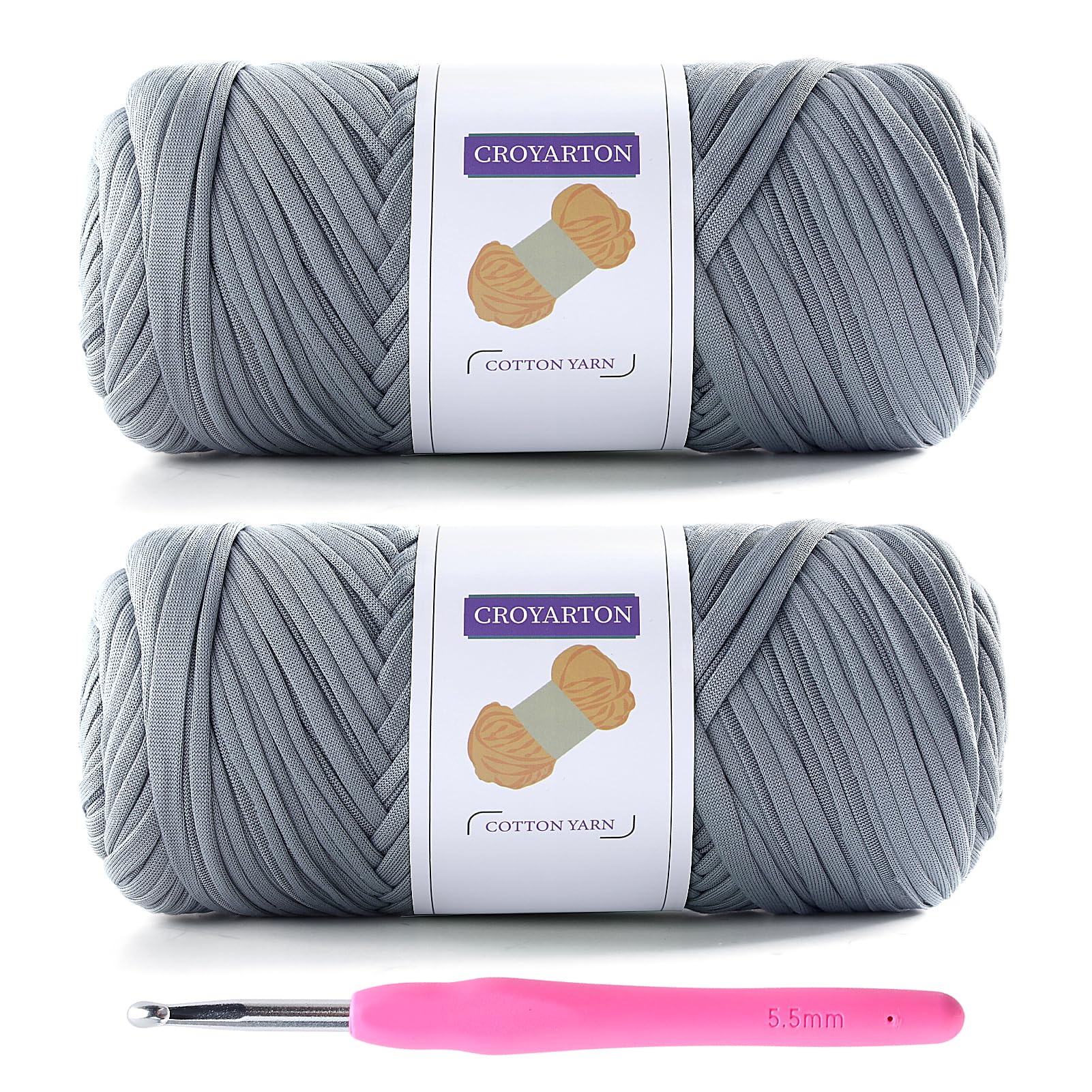 Photo 1 of 2 Pack T Shirt Yarn for Crocheting with 1 Crochet Hook, Elastic Tshirt Yarn for Crochet Bag/Baskets/Home Decor, Spaghetti Yarn Thick Knitting Yarn Total Length 130 Yds, Weight 14 Oz (Light Gray)
