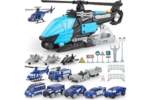 XDUOYJOY Police Helicopter Toy Playset with Vehicles, Fighter Jets, Airplane, SWAT Truck and Roadblocks, Police Rescue Patrol Car Toy for Kids Imaginative Pretend Play