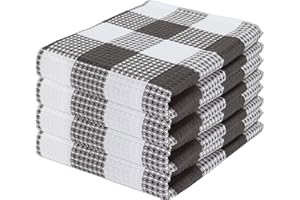 PurpleEssences 100% Cotton Waffle Weave Check Plaid Kitchen Towels, Super Soft and Absorbent Dish Towels for Drying Dishes 15 x 25-4 Pack - Steel Grey and White