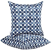 JMGBird Waterproof Outdoor Pillows Set of 2, 18x18 inch Weather Resistant White with Diamond Blue Petal Pattern Throw Pillows with Inserts for Patio Furniture