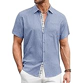 DEMEANOR Mens Linen Shirts Short Sleeve Wrinkle Free Untucked Shirt Casual Summer Beach Wedding Button Down Top with Pocket