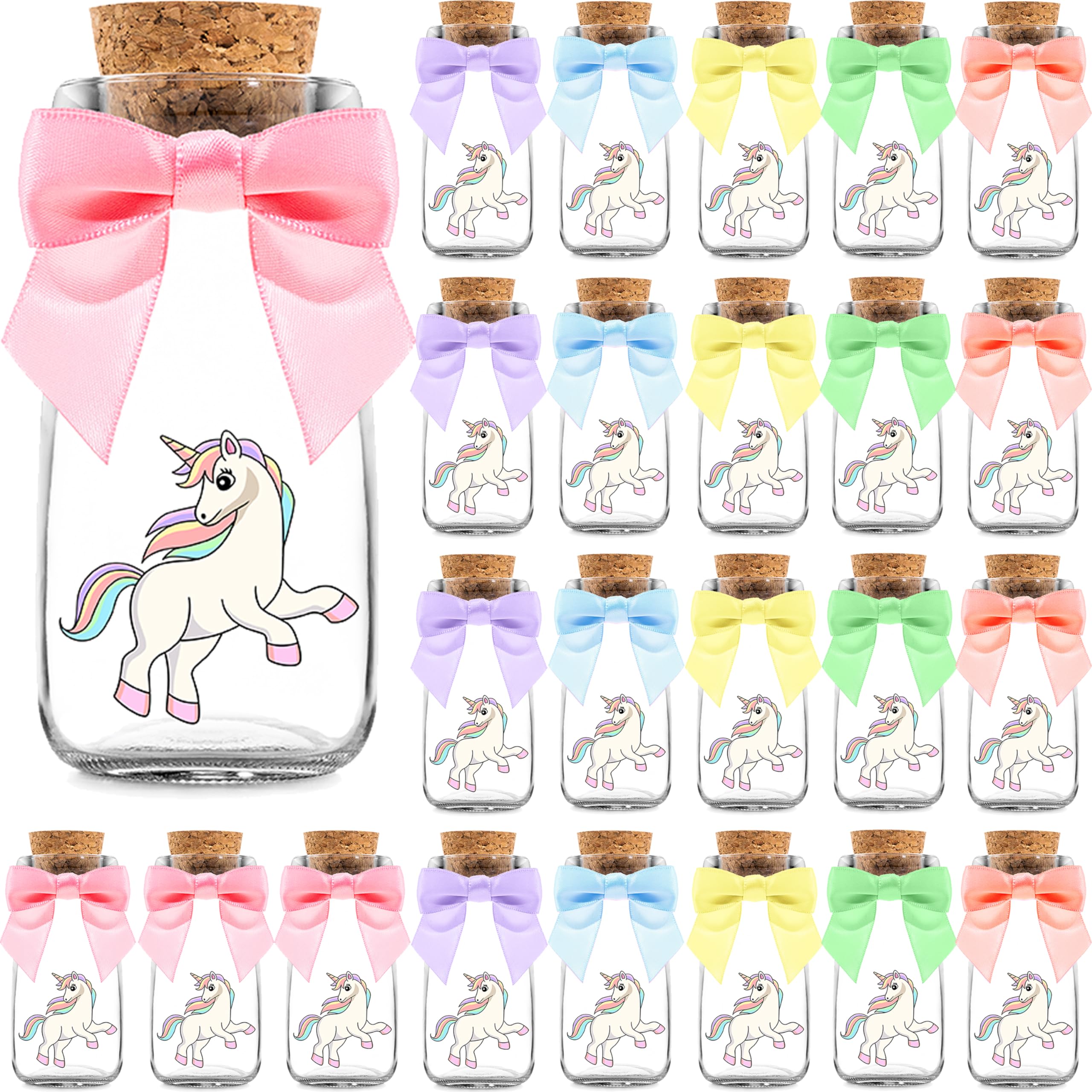 Ethisa 24 Pack Unicorn Party Favor Glass Bottles with Pastel Ribbons - Vintage Birthday Unicorn Party Favors and Baby Shower and Table Centerpieces Decorations - Sturdy Rainbow Theme Candy Jar