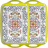 ZAROCRUS Large Serving Platter with Handles,19”x12”Large Rectangular Melamine Serving Tray Set of 2, Kitchen Food and BBQ Serving Platter, Talavera Grilling Prep and Serve Tray, Dishwasher Safe