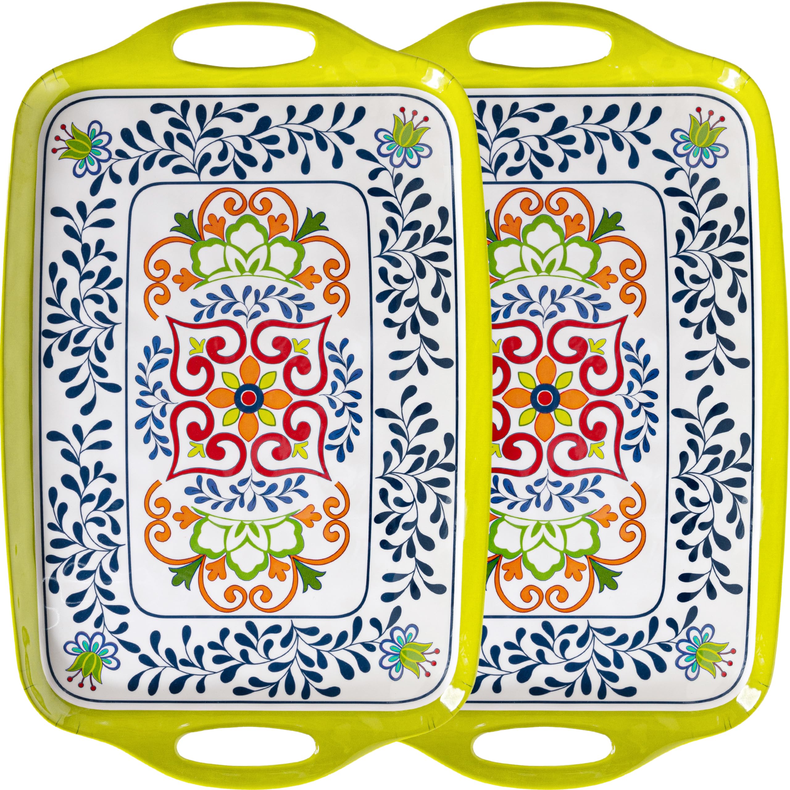 Photo 1 of ZAROCRUS Large Serving Platter with Handles,19”x12”Large Rectangular Melamine Serving Tray Set of 2, Kitchen Food and BBQ Serving Platter, Talavera Grilling Prep and Serve Tray, Dishwasher Safe