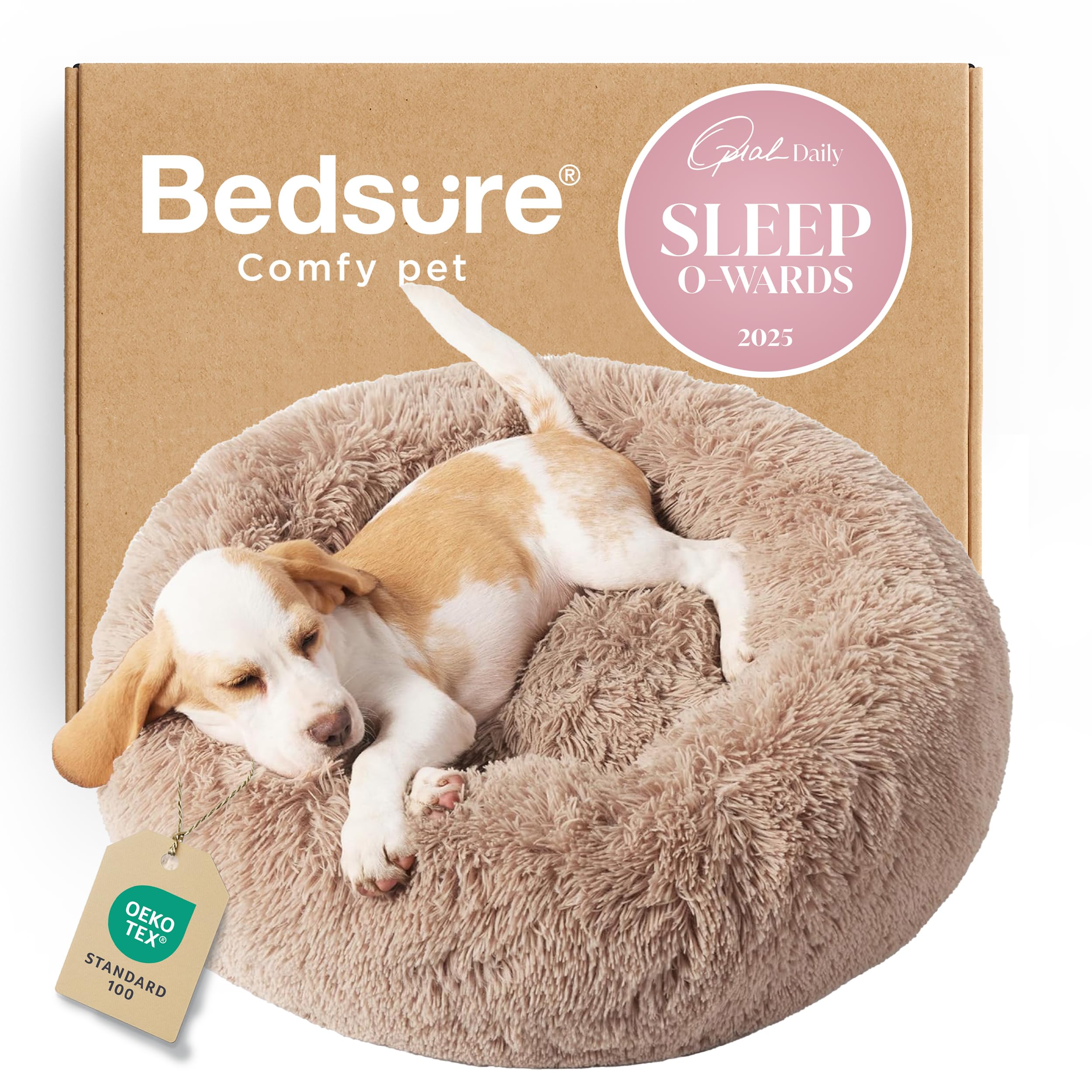 Photo 1 of Bedsure Calming Dog Bed for Small Dogs - Donut Washable Small Puppy Bed, 23 inches Anti-Slip Round Fluffy Plush Faux Fur Large Cat Bed, Fits up to 25 lbs Pets, Camel