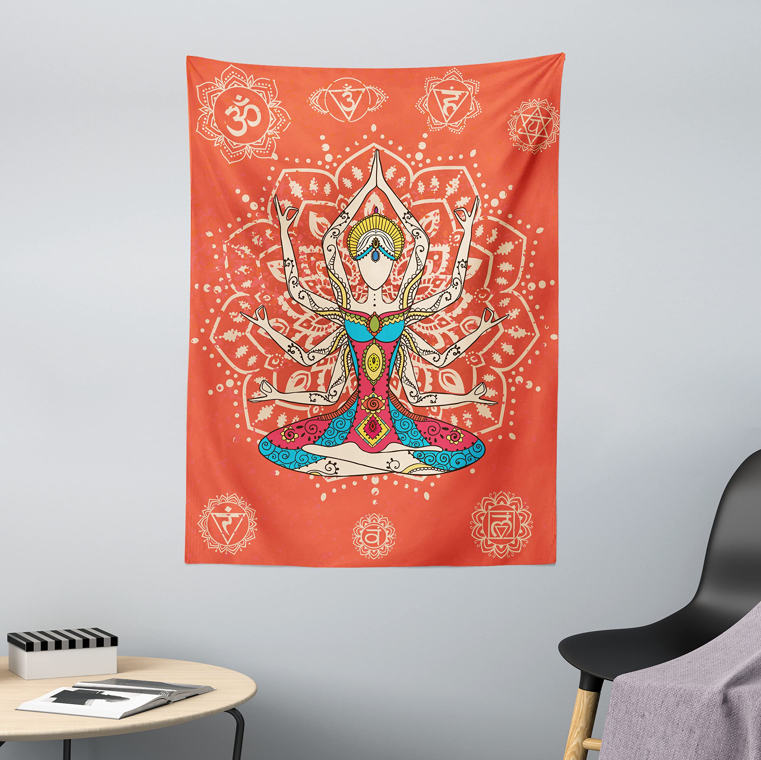 ABAKUHAUS Yoga Tapestry, Yoga Technique with Costume Discipline Your Body and Mind Artprint, Fabric Wall Hanging Decor for Bedroom Living Room Dorm, 43 W X 58 L, Cream Red Teal