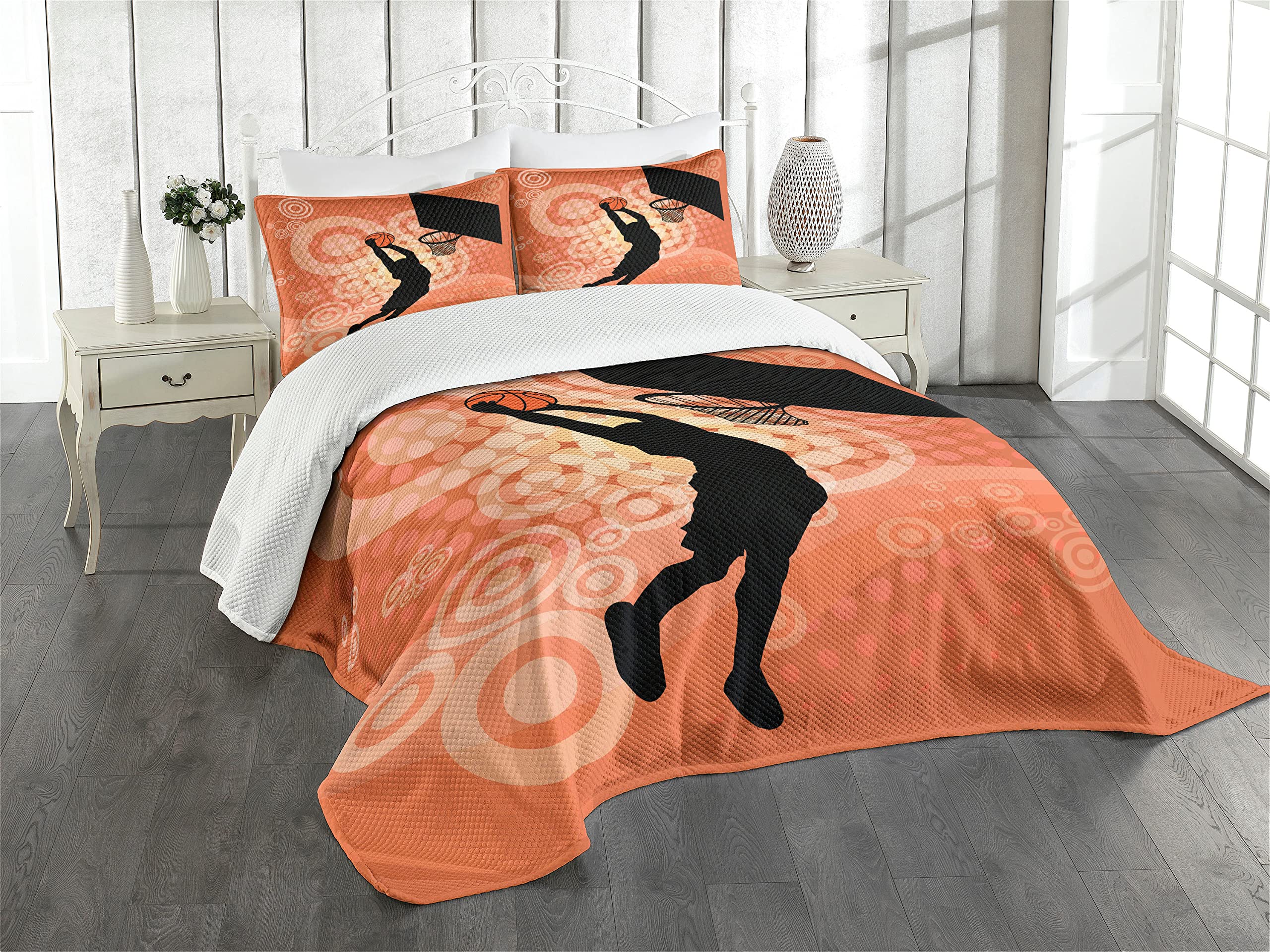 ABAKUHAUS Orange Bedspread Set, Basketball Dunk Athlete, Decorative Quilted 2 Piece Coverlet Set with Pillow Sham, Orange Black