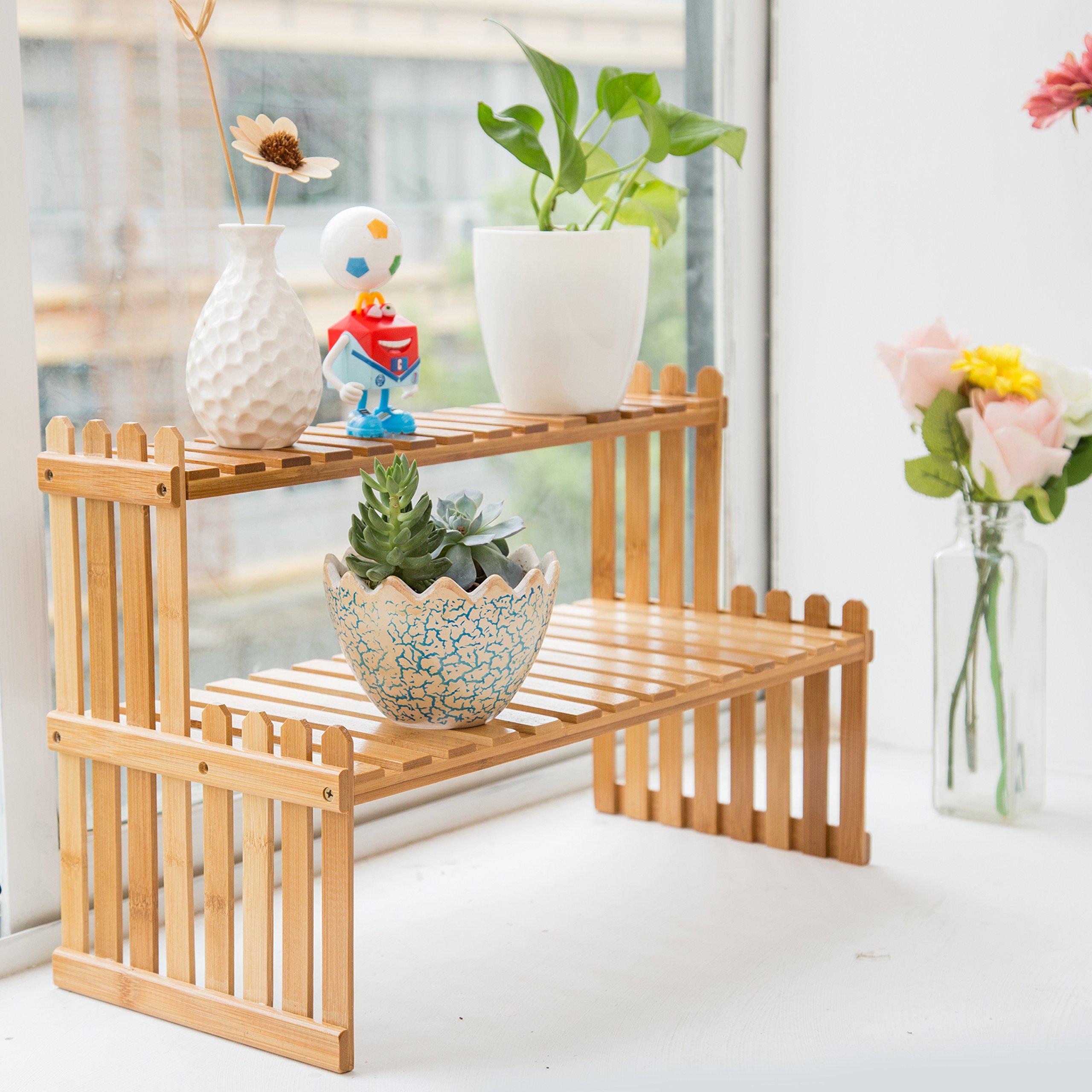 Tabletop Natural Bamboo Plant Stand, 2 Tier Desktop Shelf