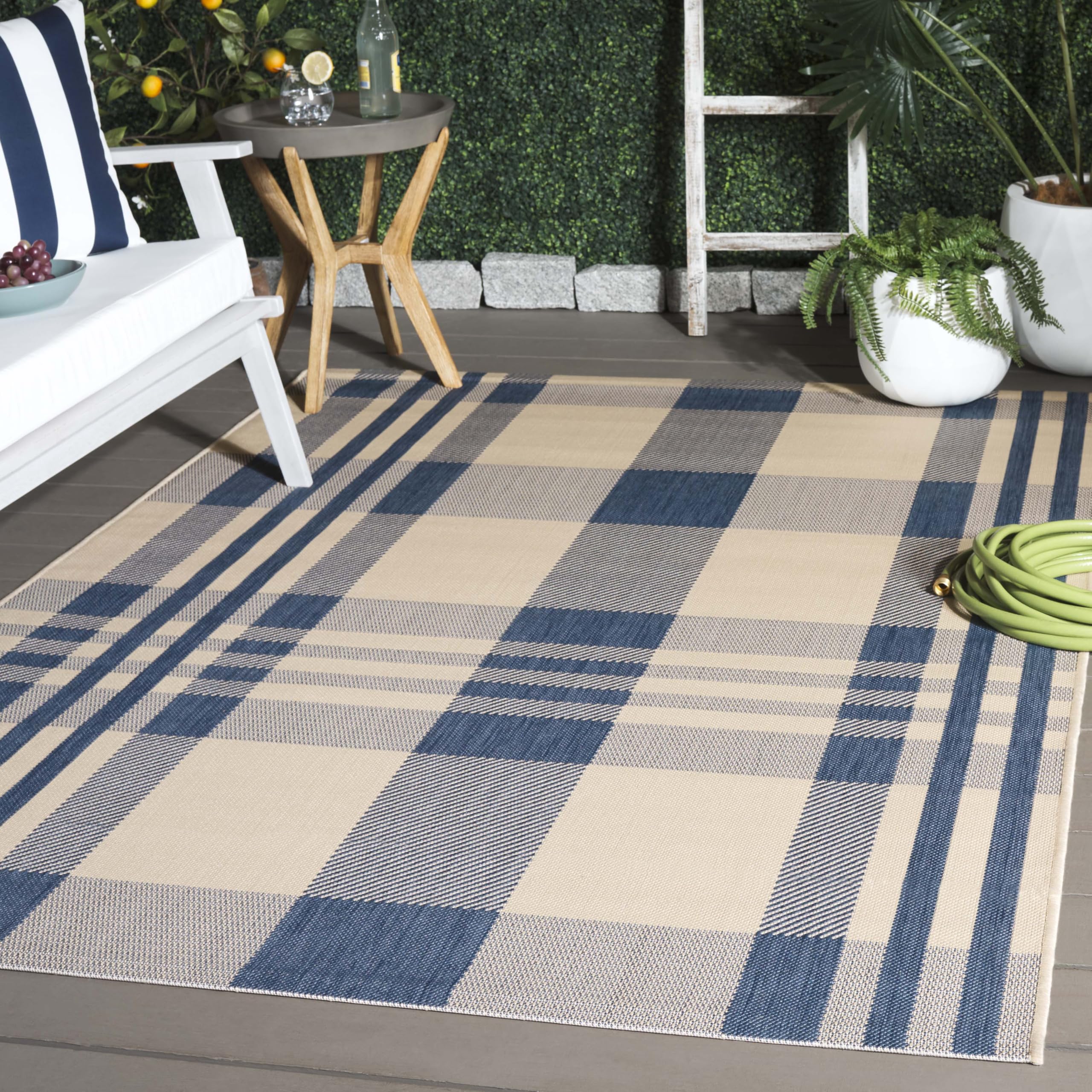 SAFAVIEH Washable Rug Outdoor Courtyard Collection - 6' x 8', Beige & Blue, Plaid Pattern, Non-Shedding & Easy Cleaning, Ideal for Patio, Entryway, Mudroom, Hallway, Kitchen (CY6201-233) Image