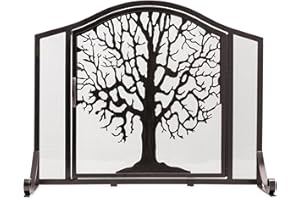 Plow & Hearth Metal Fireplace Screen Tree of Life Black | 44" W x 33" H | Magnetic Hinged Door | Spark Guard Cover | Stand Alone Wrought Iron Panel Fire Place Cover