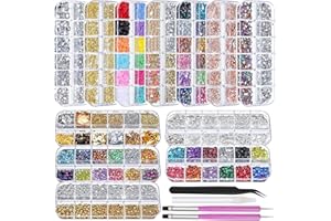 EDITTIME 12 Boxes Nail Rhinestones Gems Kit,Gold/Silver Metal Studs,Mixed Sizes Flatback Crystals Rhinestones,Half Pearls,Sequins,Foil Flakes with Tweezers & Dotting Tools for DIY Manicure