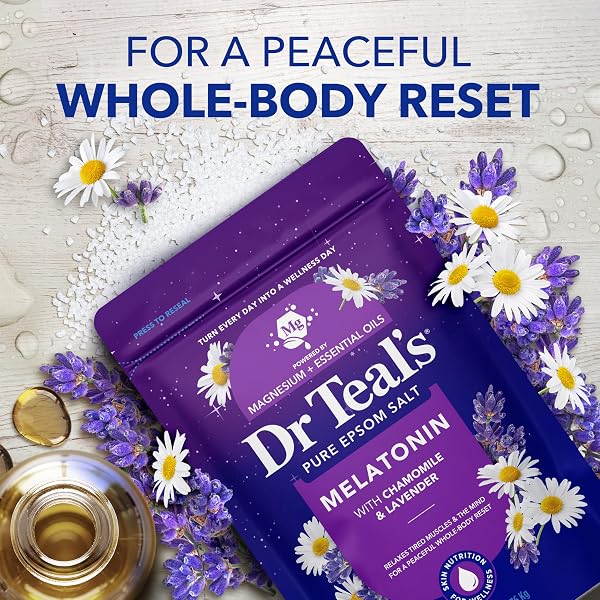DR TEAL’S PURE EPSOM SALT, MELATONIN SLEEP SOAK WITH ESSENTIAL OIL BLEND, 3 LB (PACK OF 4)
