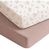 Konssy Muslin Crib Sheets for Boys, Soft Cotton Neutral Baby Sheets for Standard Crib Mattress 2 Pack, 52"x28" (Soft Blooms,Taupe)