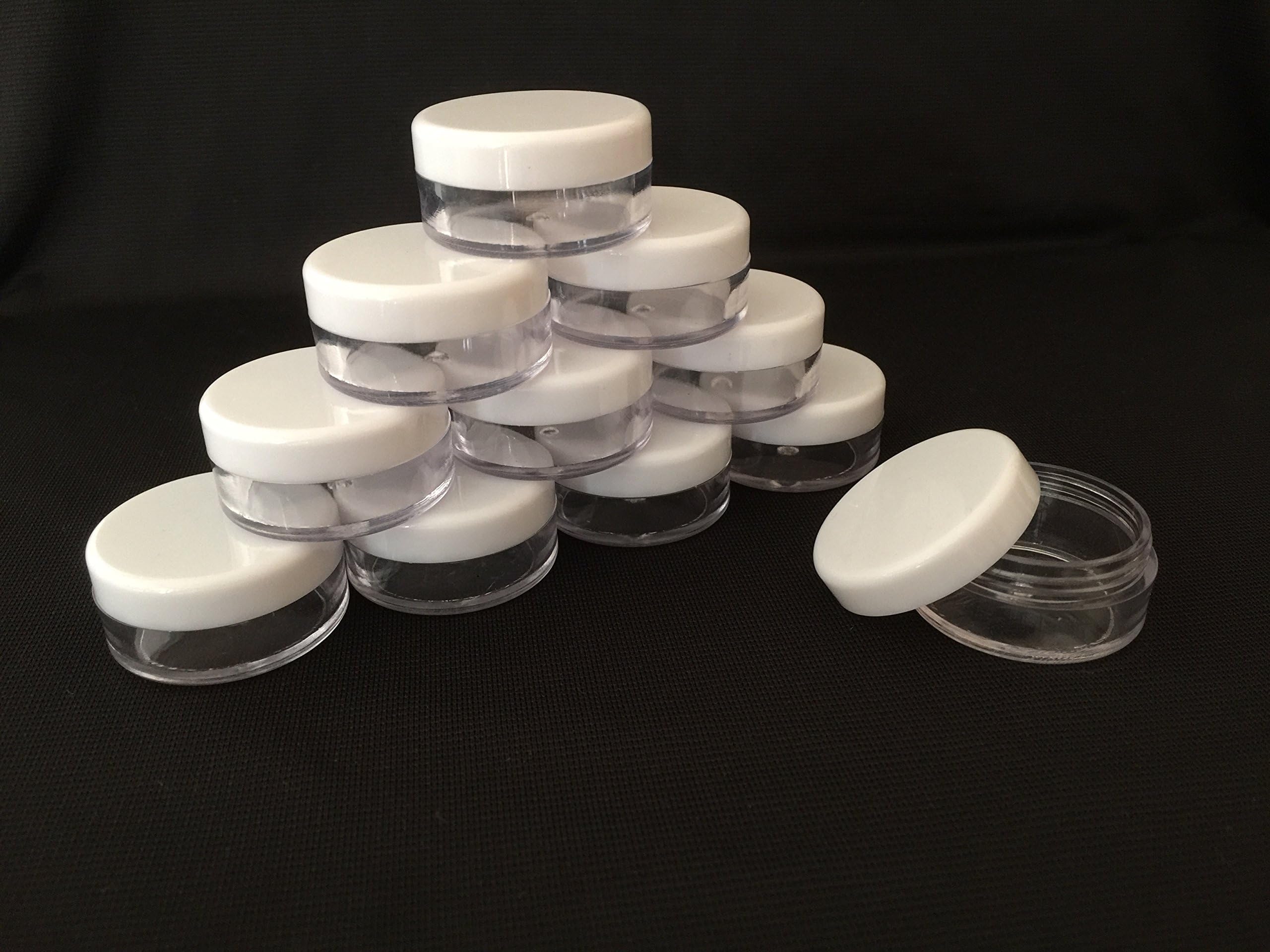 25 x 10ml (10g) CLEAR PLASTIC SAMPLE JARS/POTS WITH WHITE SCREW-FIT CAPS Cosmetic/Makeup/Glitter/Nail Art/Powder/Trinkets/Jewellery/Lip-Balm (25pcs)