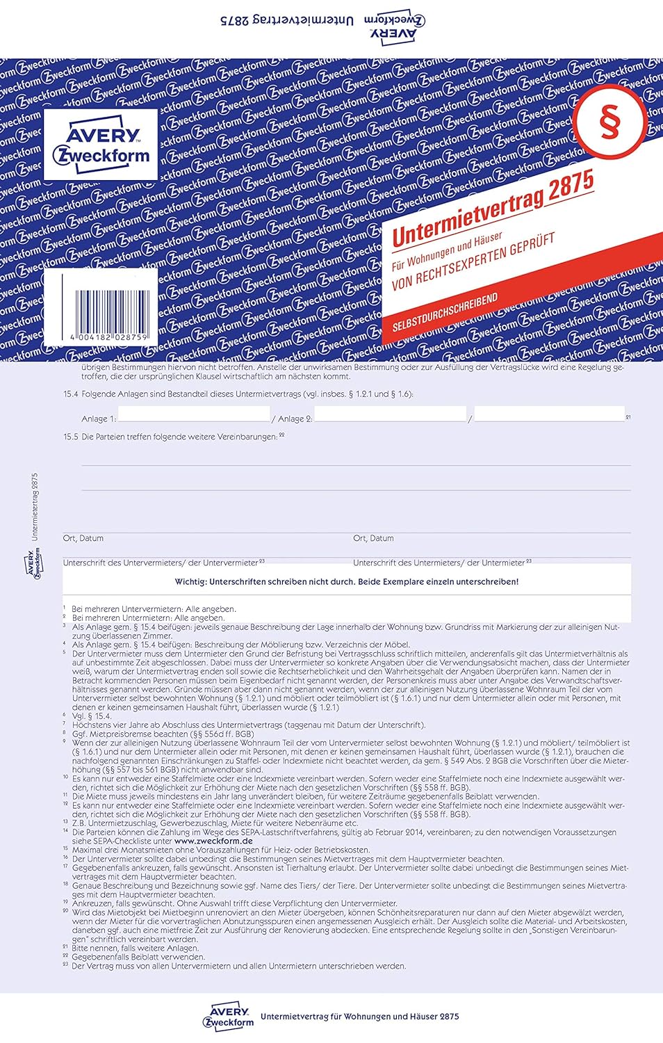 Avery Zweckform 2875 Untermietvertrag Für Wohnungen Und Häuser A4