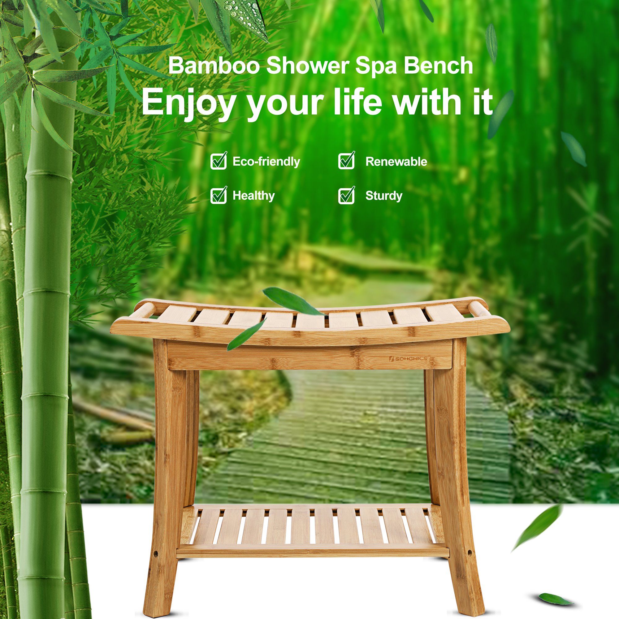 SONGMICS Bamboo Shower Bench Seat, Portable Spa Bathing Stool, With