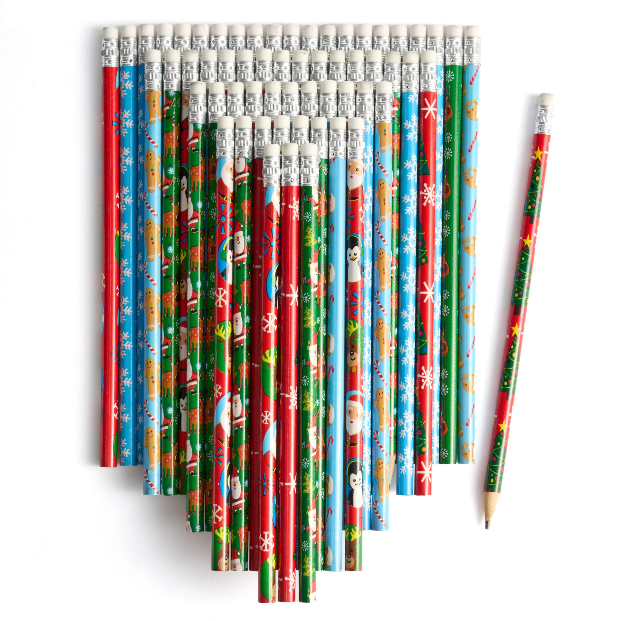 THE TWIDDLERS - 60 Christmas Pencils with Rubber Erasers, Santa Xmas Tree Reindeer Snowman Themed, Assorted Festive Designs for Kids Gift Toys, Christmas Party Bag Fillers Favours